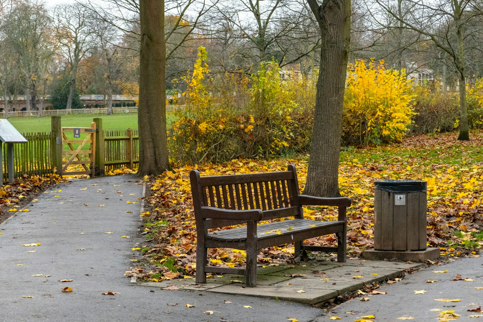 a wooden bench sitting next to a trash can